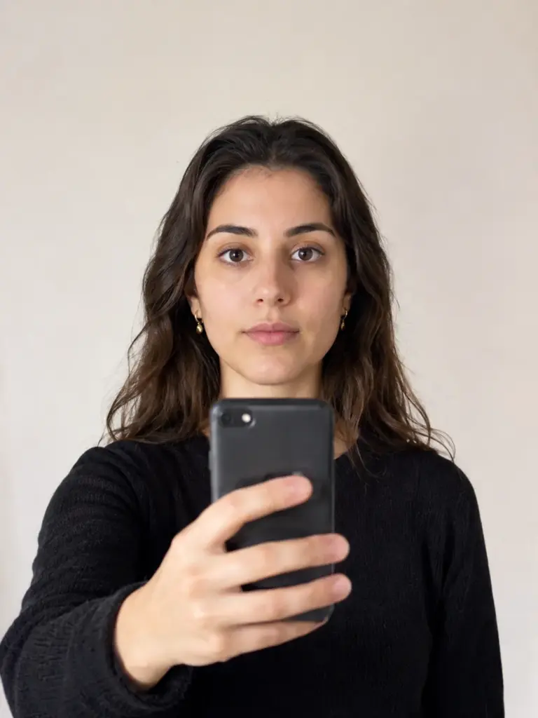 femme-photo-identite-smartphone Femme prenant un selfie avec smartphone.
